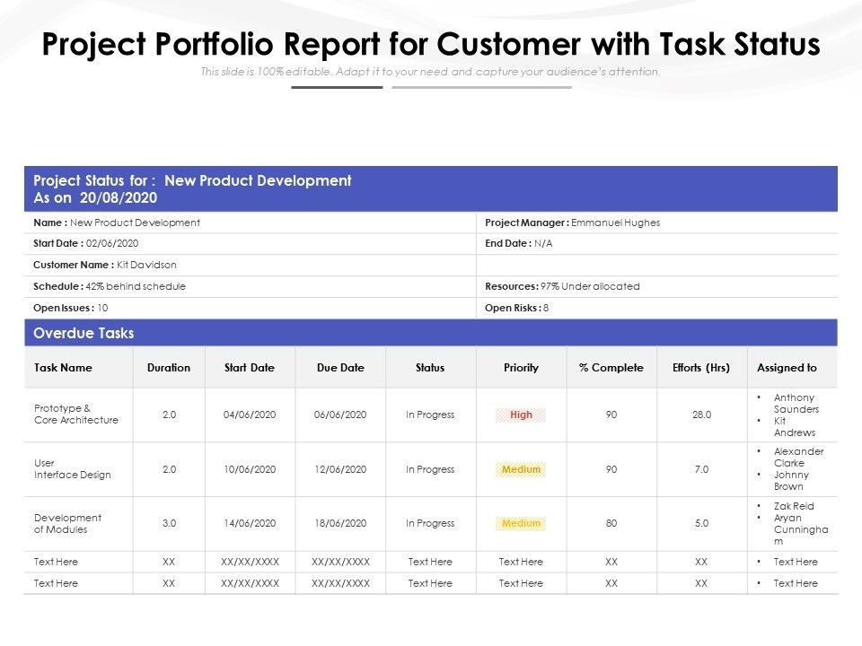 Project Portfolio Report For Customer With Task Status | Presentation For Project Portfolio Status Report Template