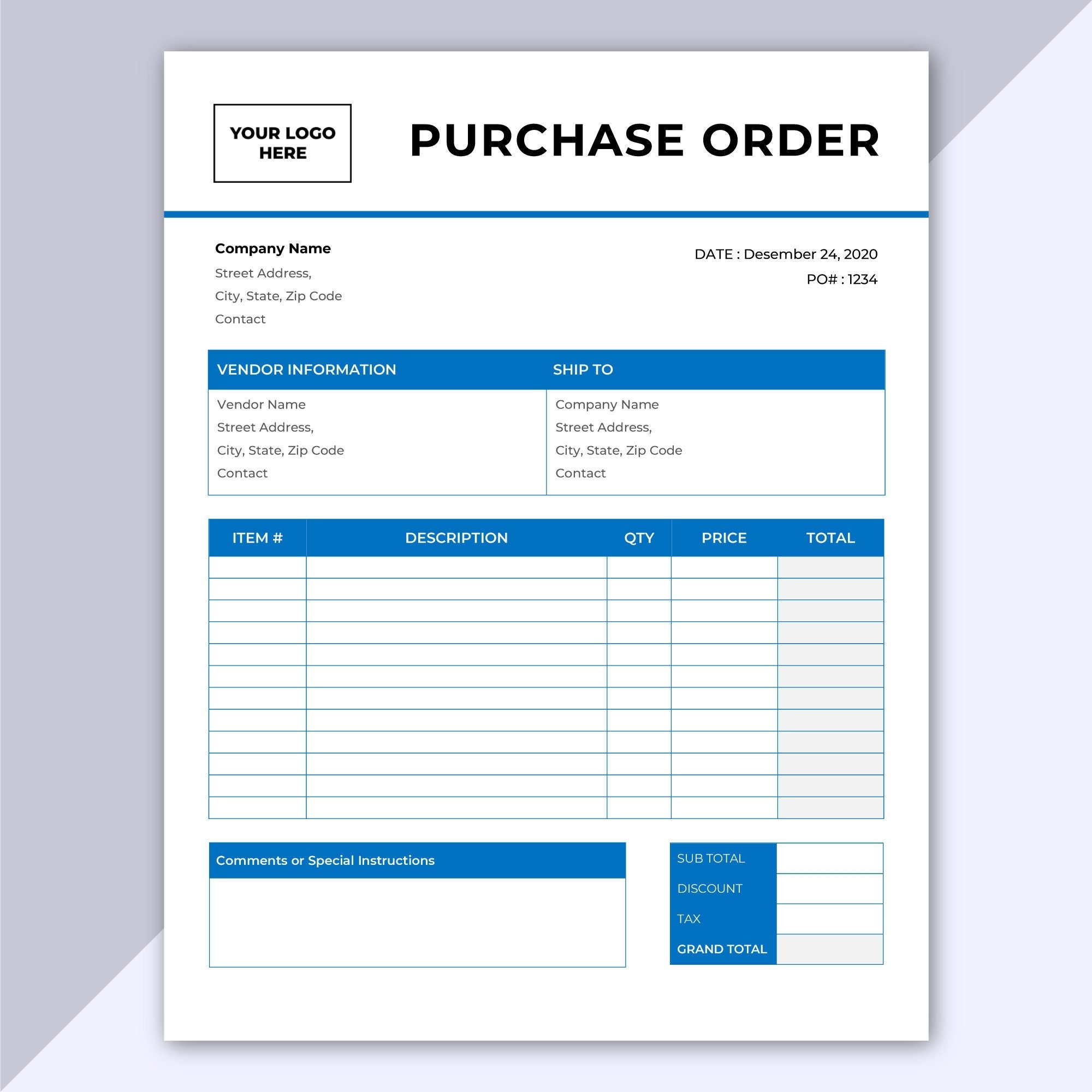Purchase Order Template Editable Microsoft Word Template | Etsy Within What Is A Template In Word