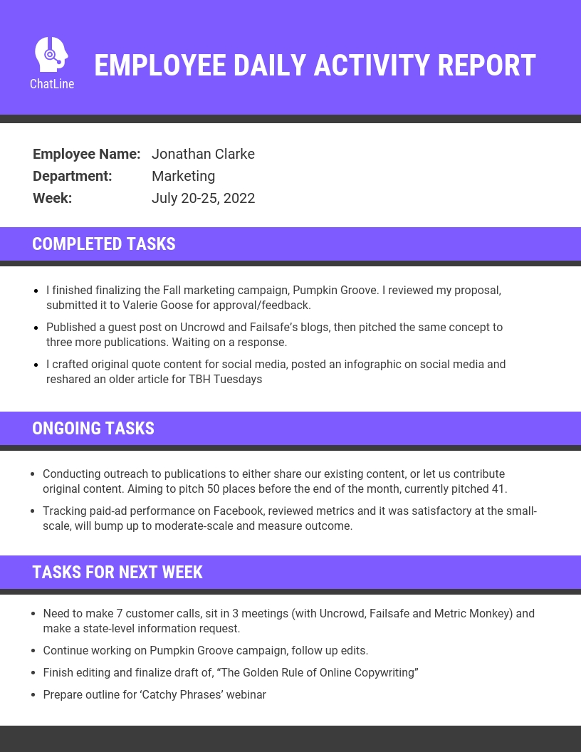 Purple Employee Daily Activity Report Template Intended For Employee Daily Report Template