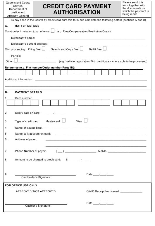 Queensland Australia Credit Card Payment Authorisation Form Download With Credit Card Payment Form Template Pdf