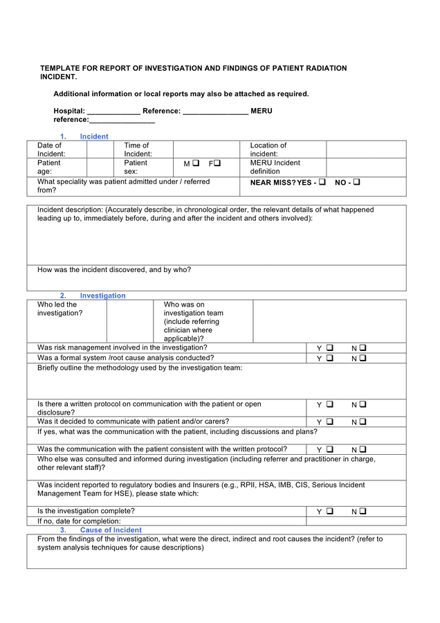 Radiation Incident Investigation Report Form In Word And Pdf Formats Pertaining To Patient Report Form Template Download