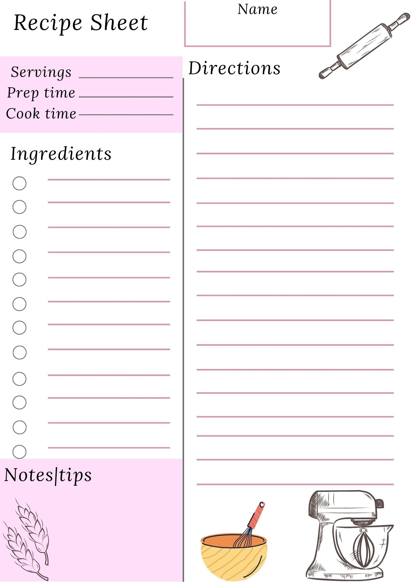 Recipe Sheet Printable Template A4 A5 Happy Size Planner | Etsy Throughout Template For Cards To Print Free