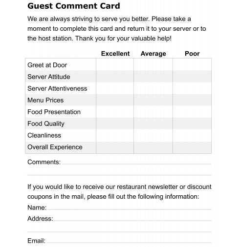 Restaurant Comment Card Template | Charlotte Clergy Coalition Inside Restaurant Comment Card Template