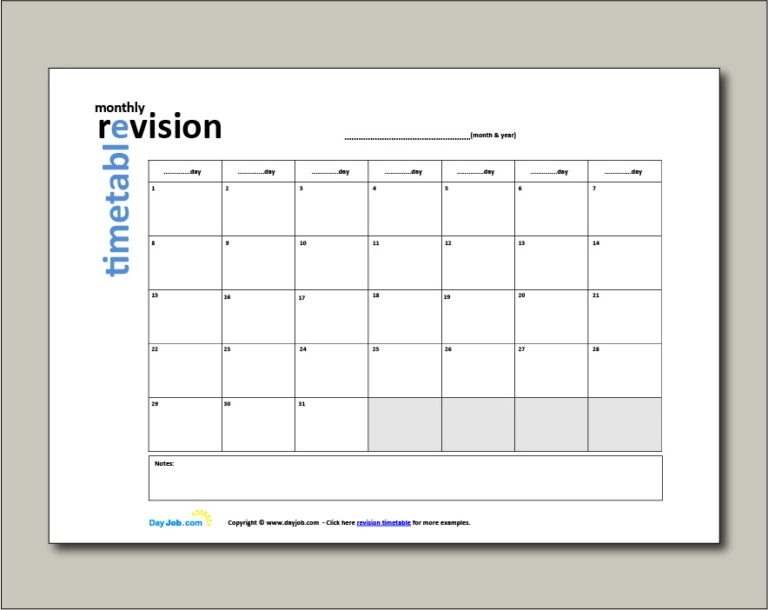 Revision Timetable, Template, Online, Free, Gcse, Blank, Printable With Regard To Blank Revision Timetable Template
