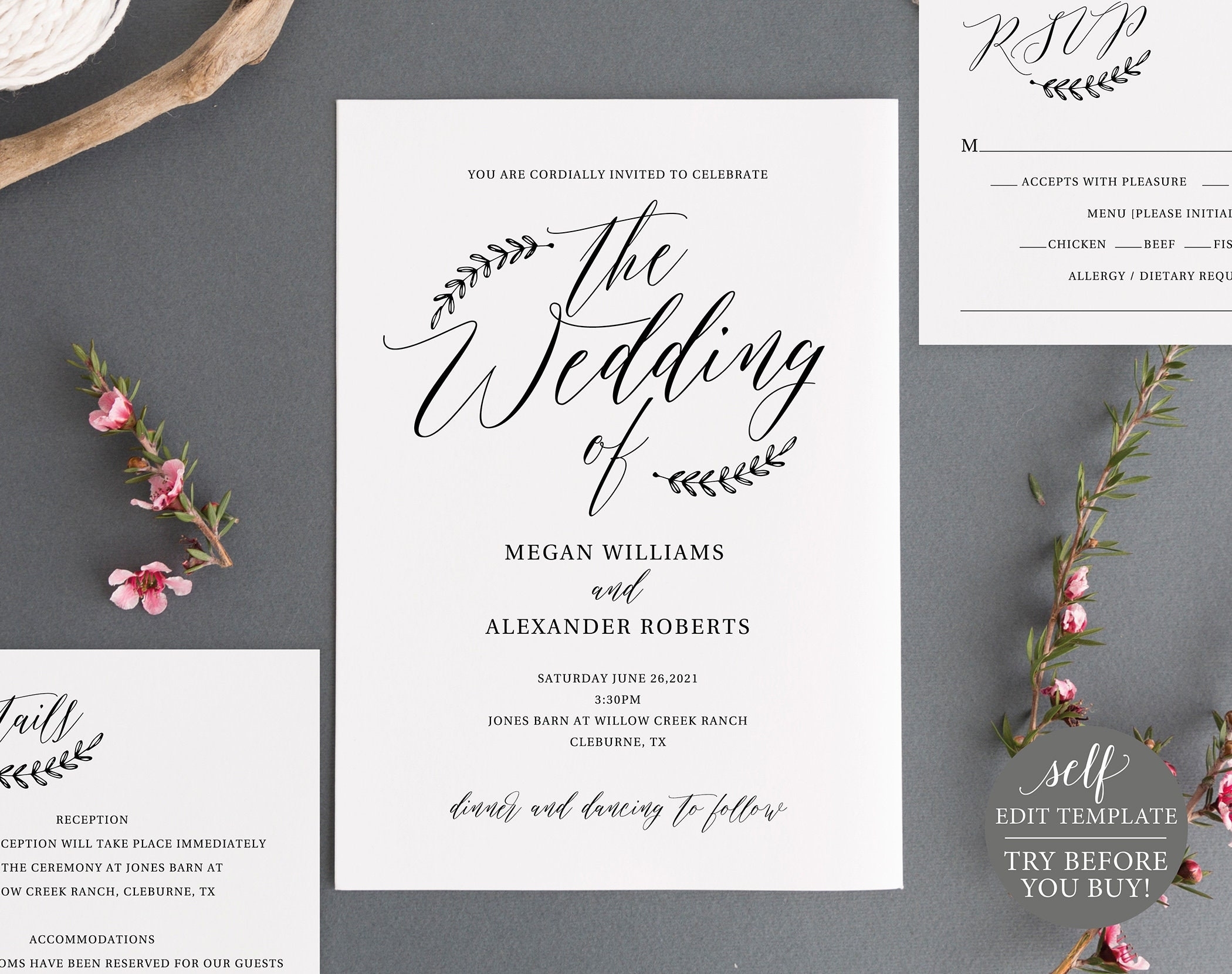 Rustic Wedding Invitation Set Template, 100% Editable Instant Download Regarding Wedding Card Size Template