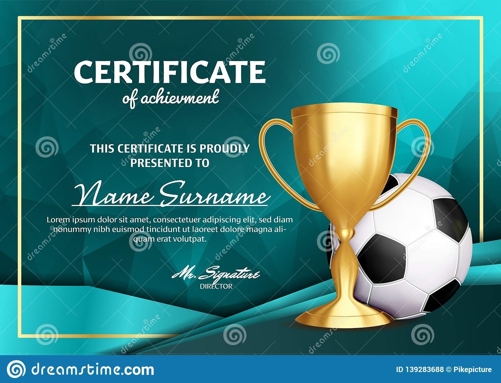 Soccer Certificate Diploma With Golden Cup Vector. Football. Sport For Soccer Certificate Template