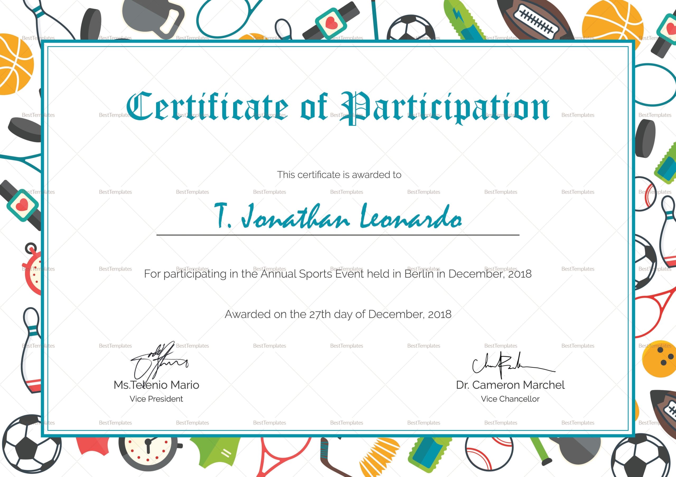 Sports Participation Certificate Design Template In Psd, Word In Conference Participation Certificate Template