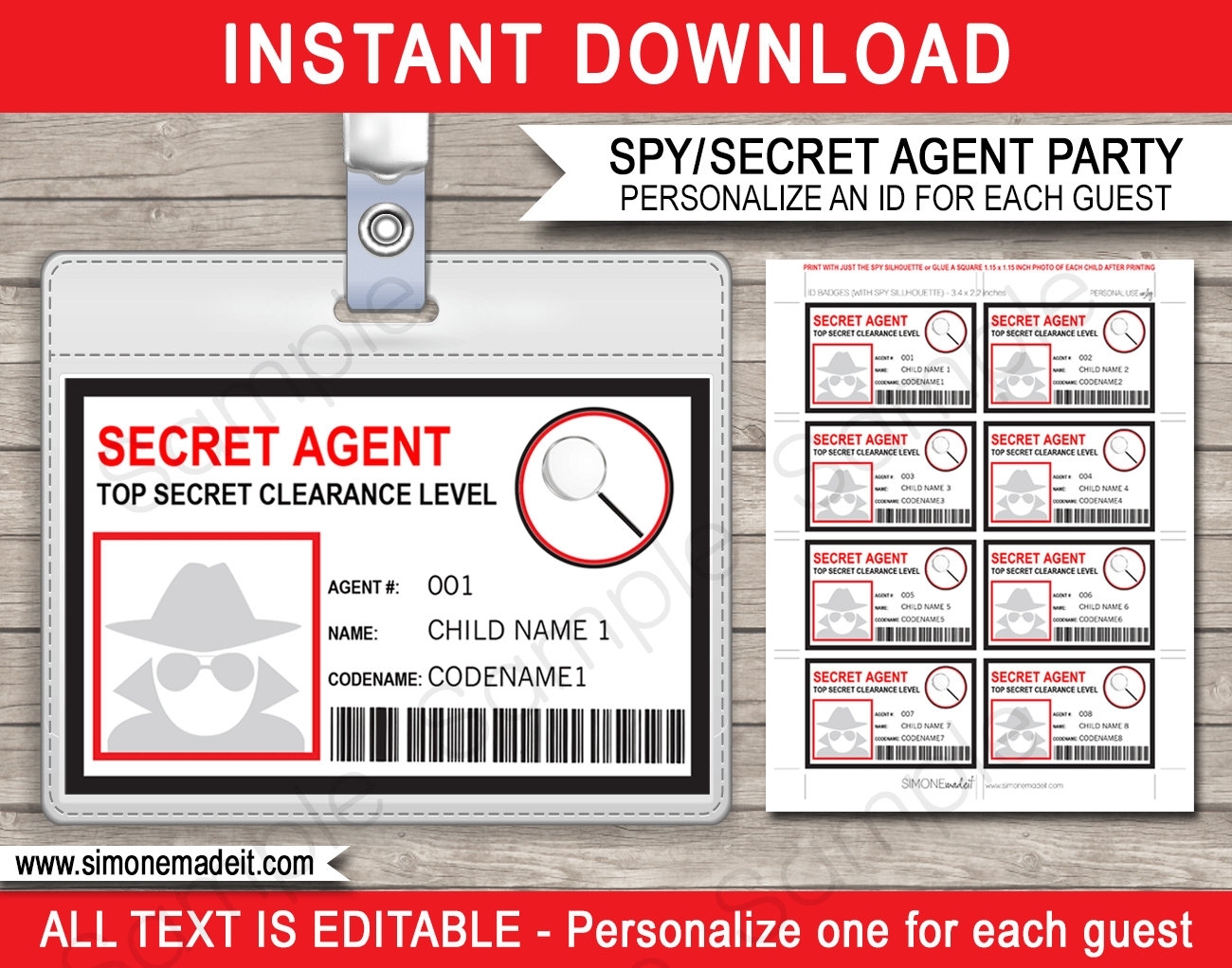 Spy Birthday Party Badge Secret Agent Badge Printable Id | Etsy With Spy Id Card Template