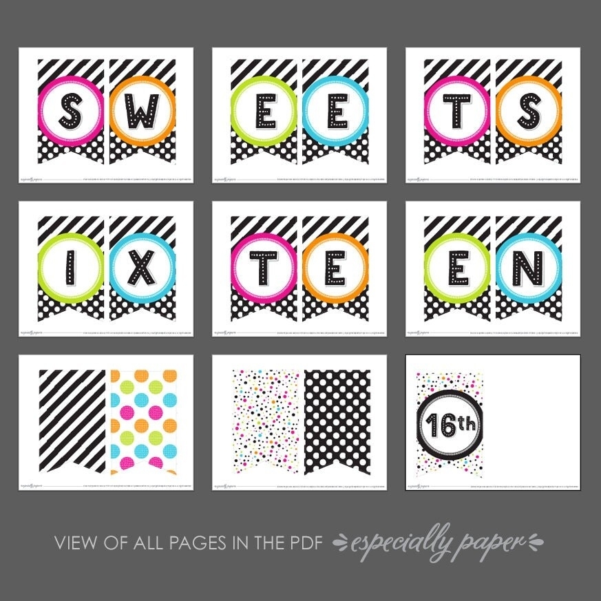 Sweet Sixteen Printable Banner In Black And By Especiallypaper In Sweet 16 Banner Template