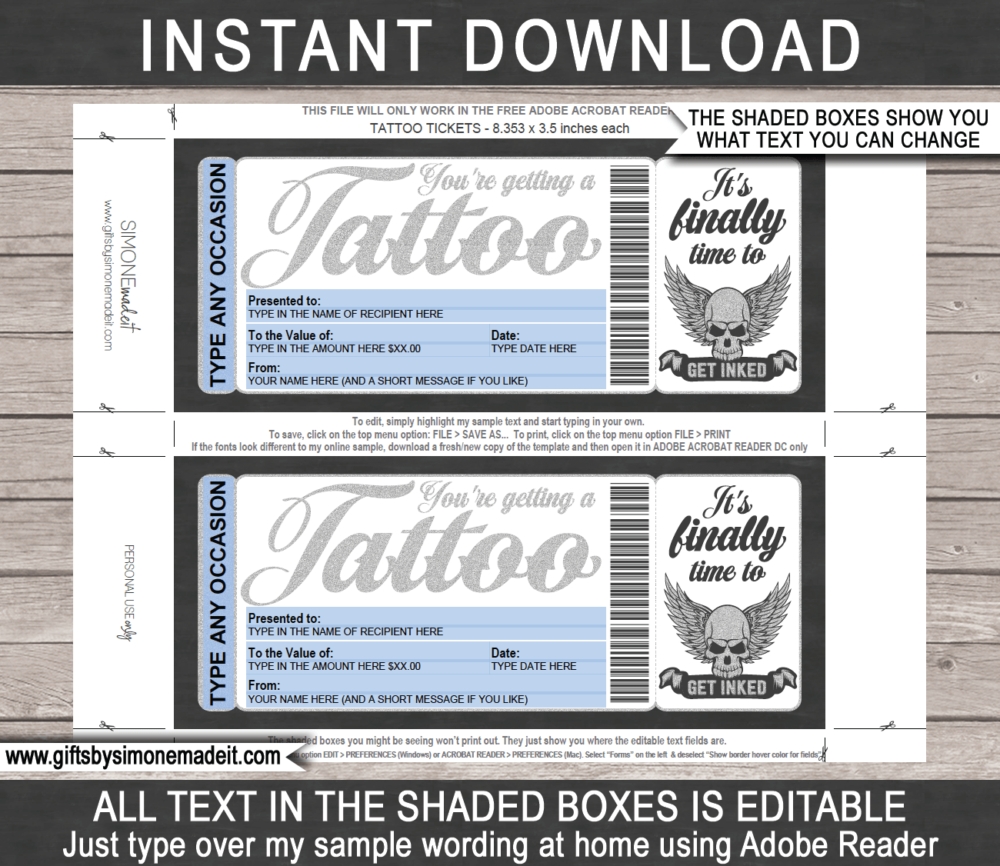 Tattoo Gift Certificate Card Template | Diy Printable Gift Voucher for Tattoo Gift Certificate Template