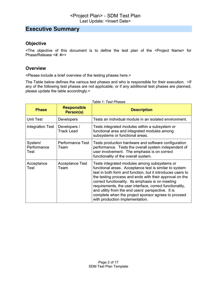 Test Plan Template In Word And Pdf Formats - Page 2 Of 17 in Test Template For Word