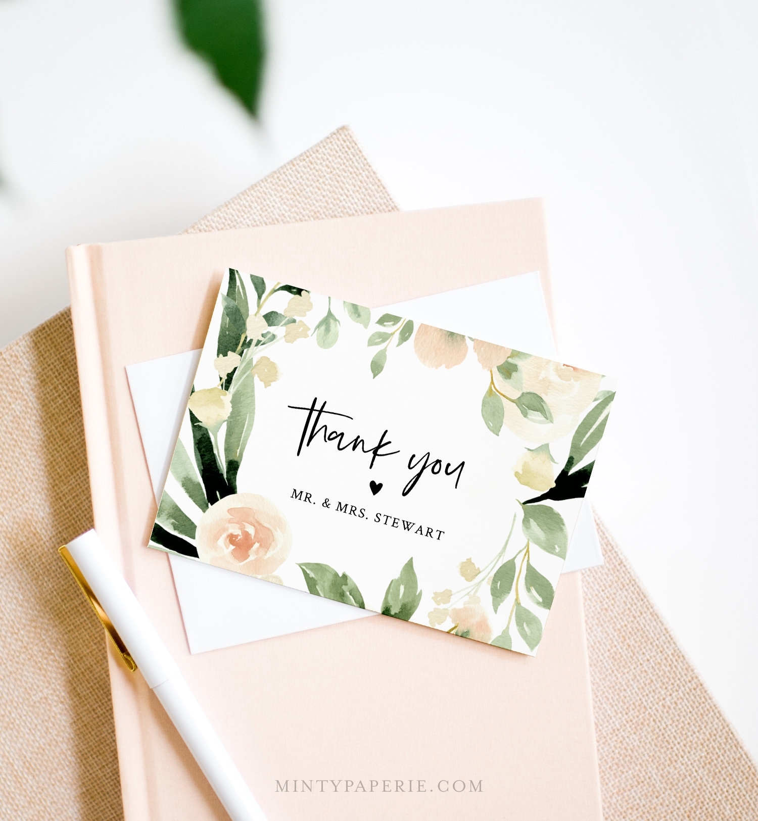 Thank You Card Template, Printable Peach Florals Wedding / Bridal Inside Template For Wedding Thank You Cards