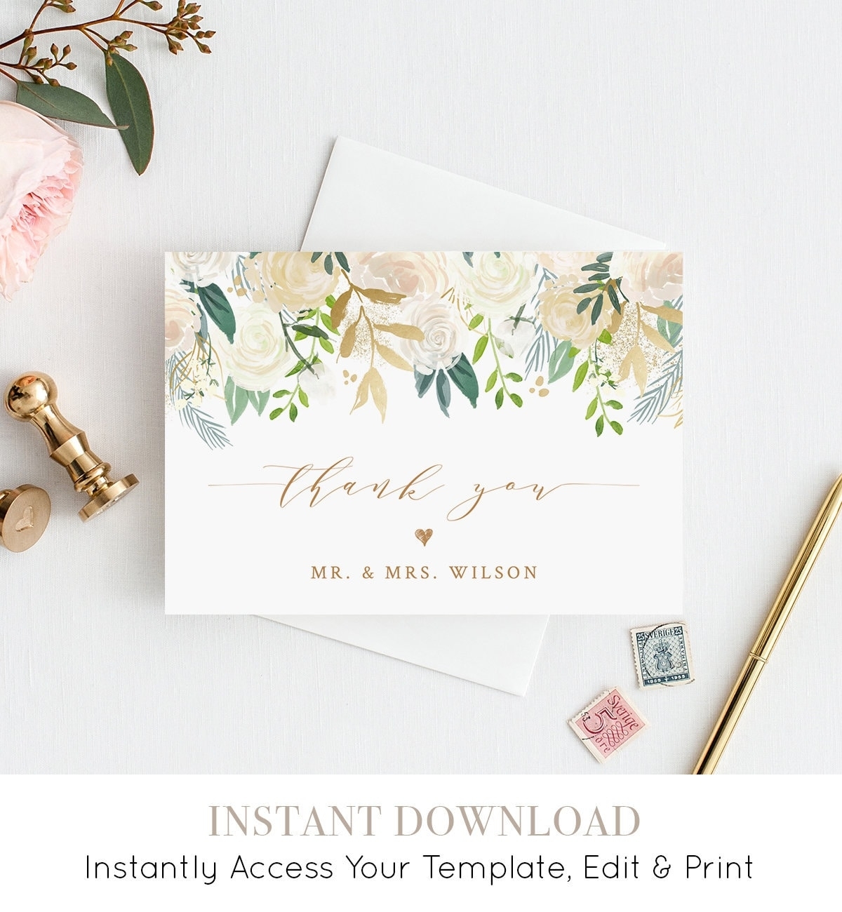 Thank You Card Template, Printable Wedding / Bridal Shower Thank You With Regard To Template For Wedding Thank You Cards