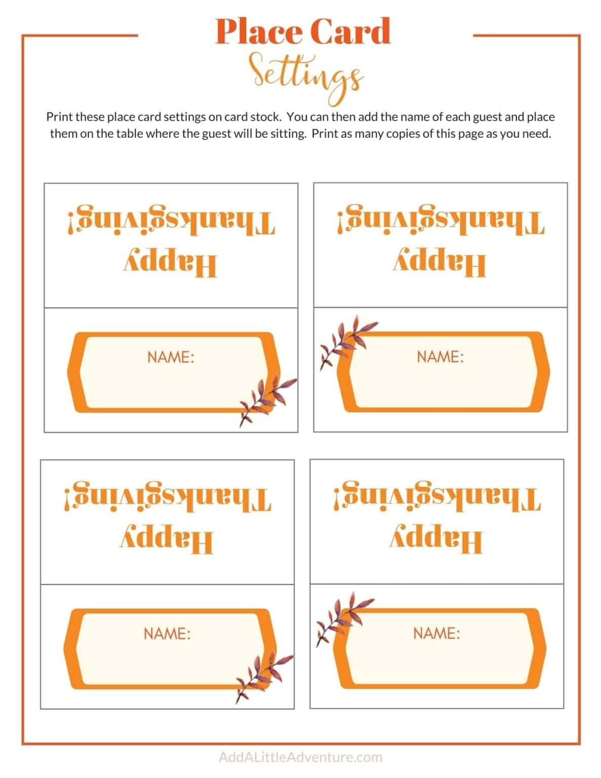 Thanksgiving Place Cards Printable - Diy Template - Add A Little Adventure For Thanksgiving Place Cards Template