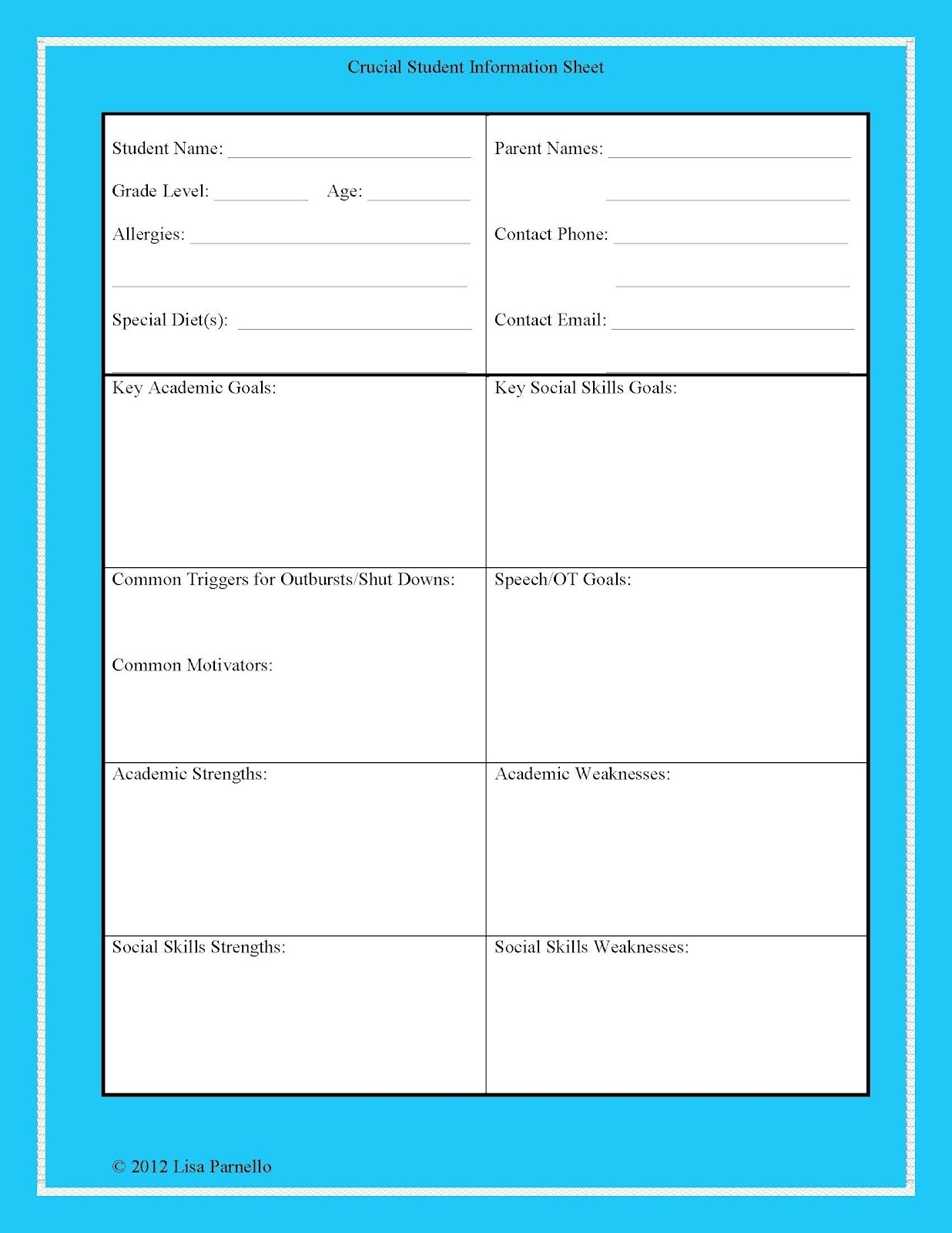 The Lower Elementary Cottage: Student Information Sheet Intended For Student Information Card Template