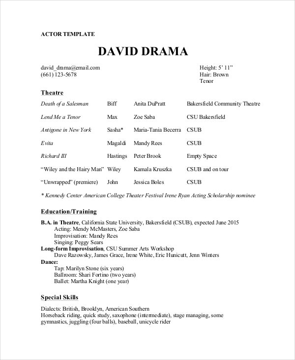 Theater Resume Template - 8+ Free Word, Pdf Documents Download | Free Regarding Theatrical Resume Template Word