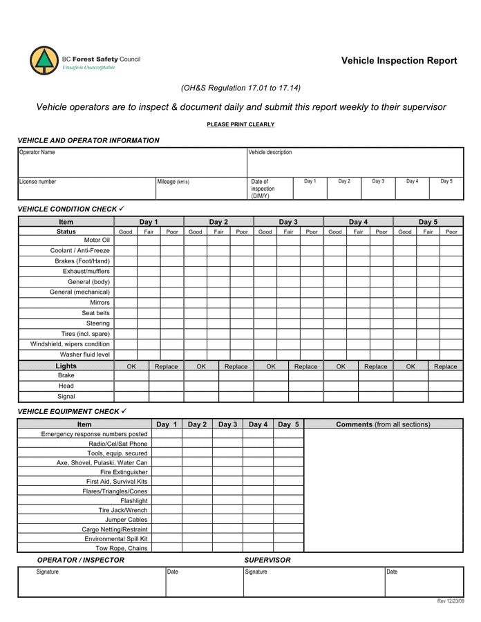 Vehicle Inspection Form In Word And Pdf Formats With Regard To Vehicle Inspection Report Template