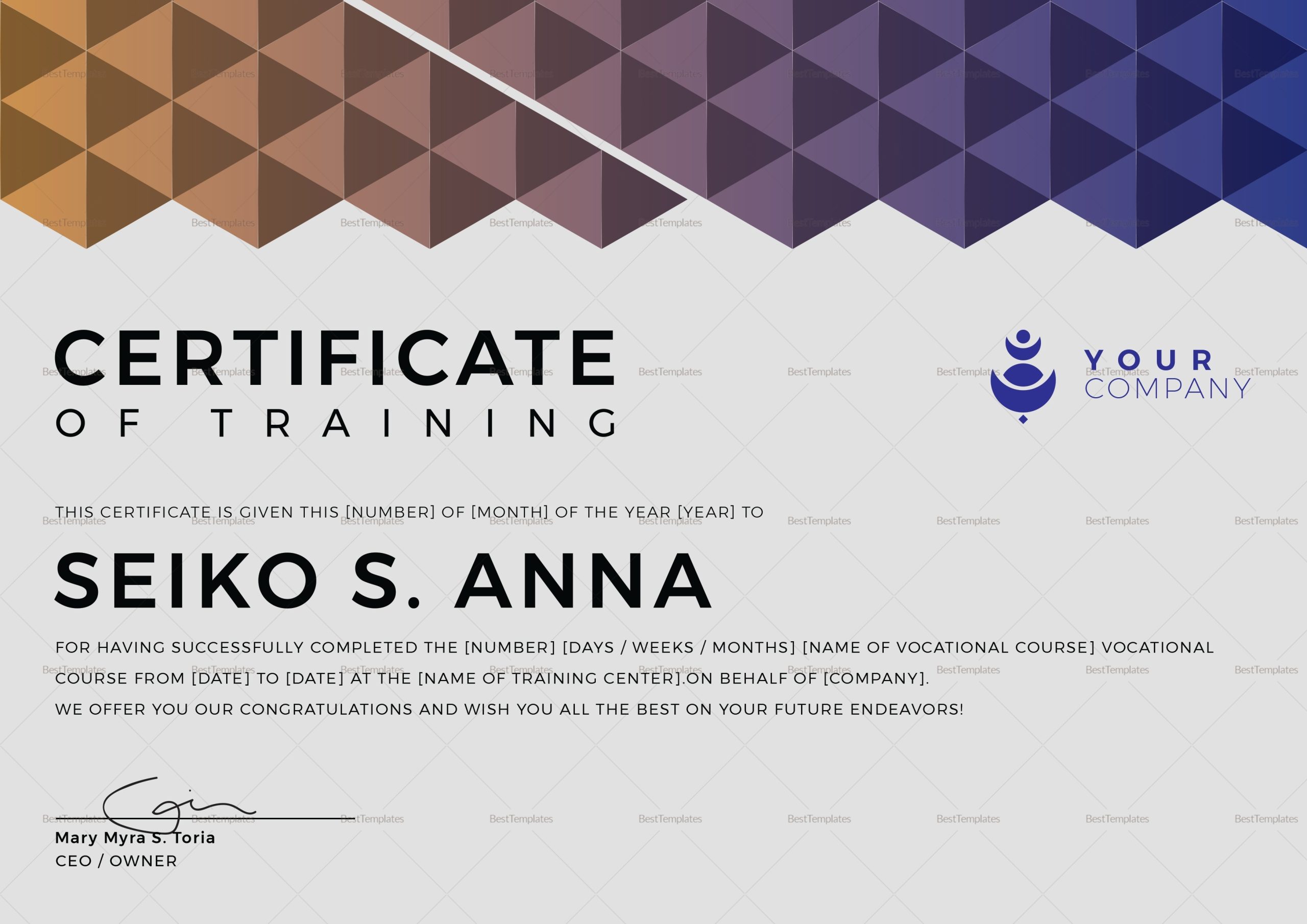 Vocational Training Certificate Design Template In Psd, Word, Publisher For Template For Training Certificate