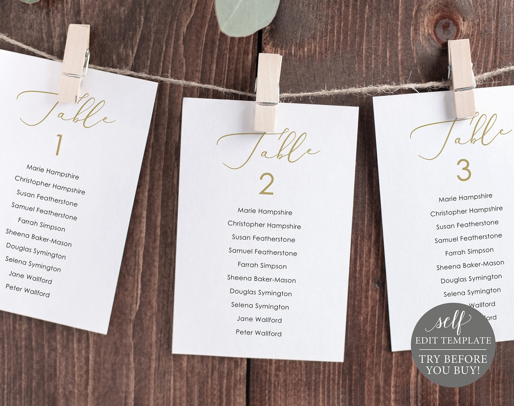 Wedding Seating Cards Template, Elegant Script Gold, Editable Throughout Place Card Setting Template