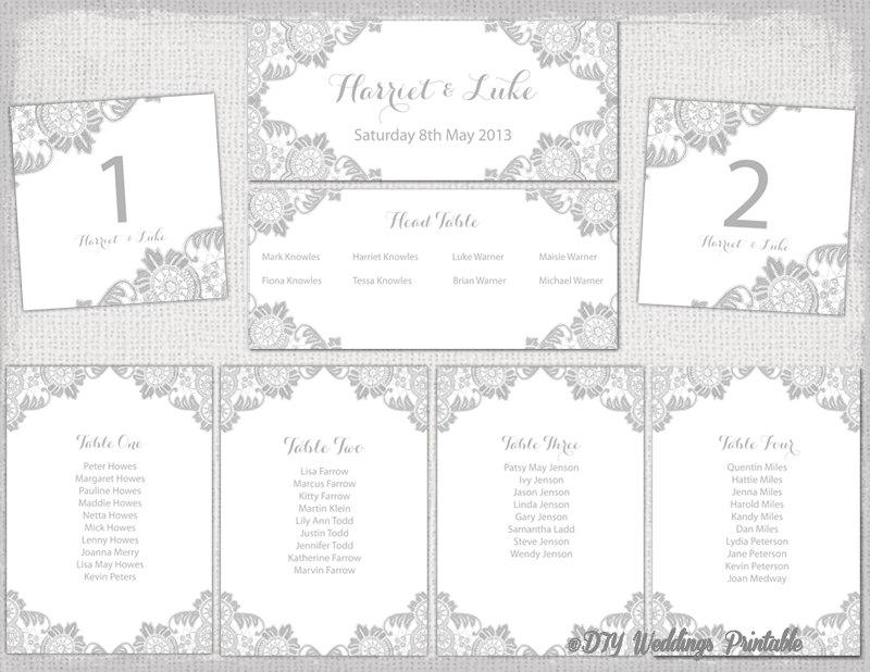 Wedding Seating Chart Template Silver Gray "Antique Lace" Printable Inside Wedding Seating Chart Template Word