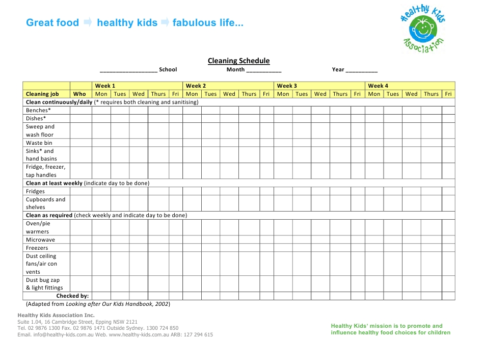 Weekly Cleaning Schedule Template – Healthy Kids Association Inc Intended For Blank Cleaning Schedule Template