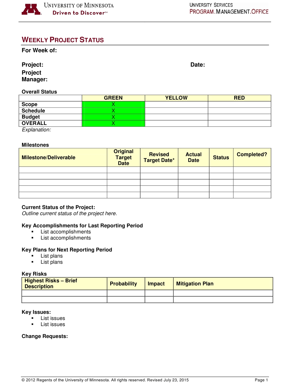 Weekly Project Status Report Template – University Of Minnesota Throughout Weekly Accomplishment Report Template