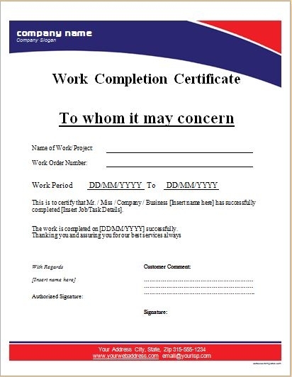 Work Completion Certificate Templates | 11+ Free Word, Excel & Pdf Inside Construction Certificate Of Completion Template
