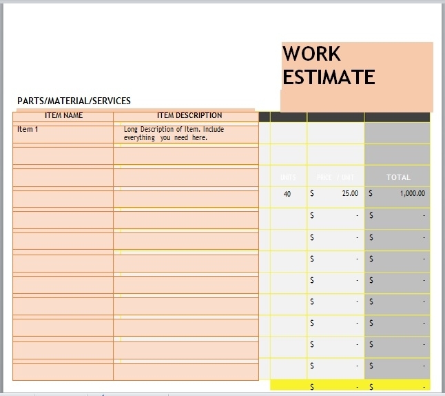 Work Estimate Templates - Templates Bash With Work Estimate Template Word